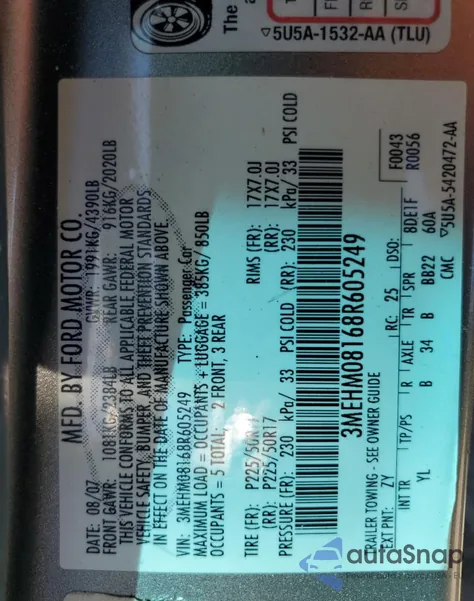 2008 Mercury Milan Premier from USA, damaged, VIN 3MEHM08168R605249